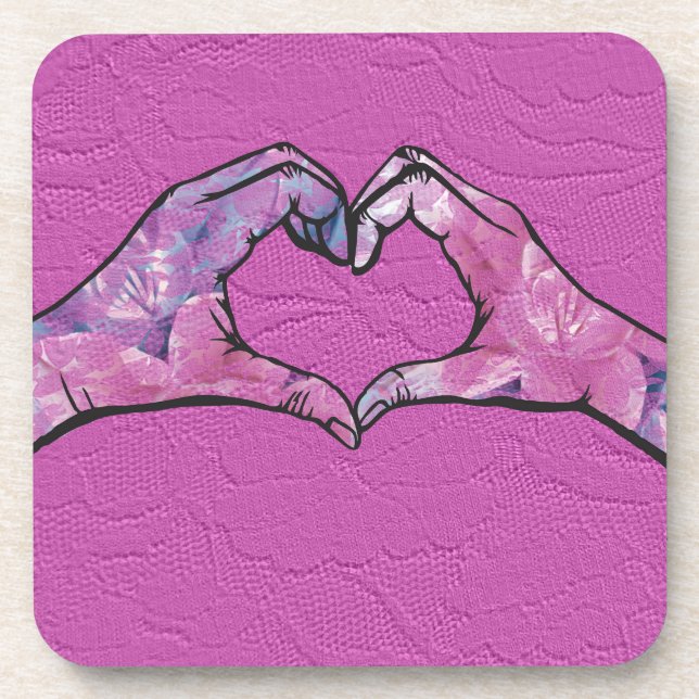 Dessous-de-verre Mains de coeur sur Arrière - plan de dentelle rose (Devant)