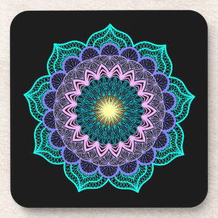 Dessous-de-verre Mandala coloré sur fond noir