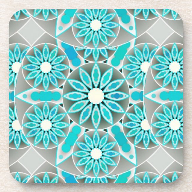 Dessous-de-verre Mandala motif, turquoise, gris argenté et blanc (Devant)