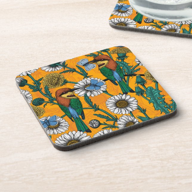 Dessous-de-verre Mangeurs d'abeilles, papillons bleus et marguerite (Côté gauche)