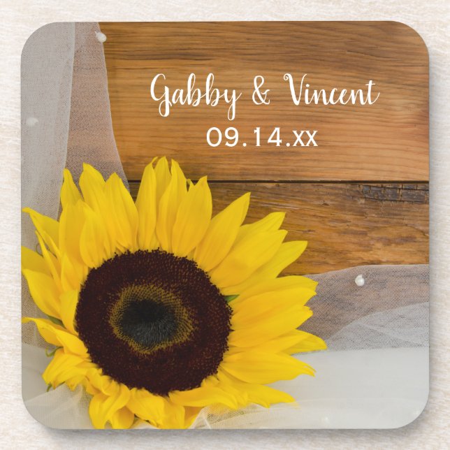 Dessous-de-verre Mariage campagnard rustique tournesol et voile (Devant)