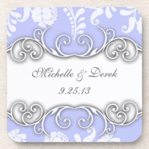 Dessous-de-verre Mariage en damas floral bleu pâle et blanc