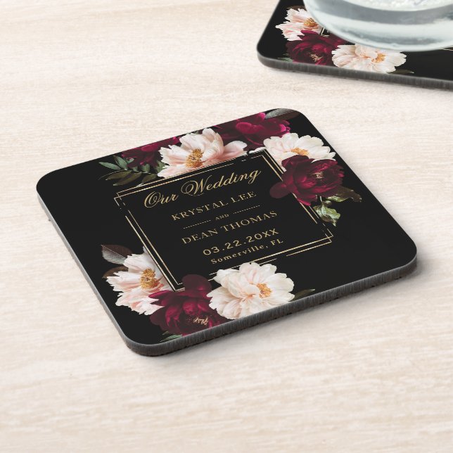 Dessous-de-verre Mariage Fleurie Noir Burgundy Blush Sombre (Côté gauche)