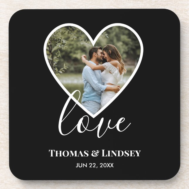Dessous-de-verre Mariage Photo Black Heart Frame Moderne Calligraph (Devant)