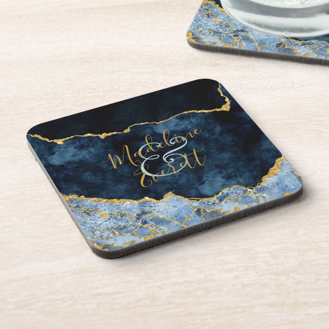 Dessous-de-verre Marine Blue Gold Foil Agate Marbre Mariage Monogra (Côté gauche)