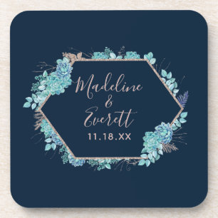 Dessous-de-verre Marine Blue Succulents & Rose Gold Mariage Monogra