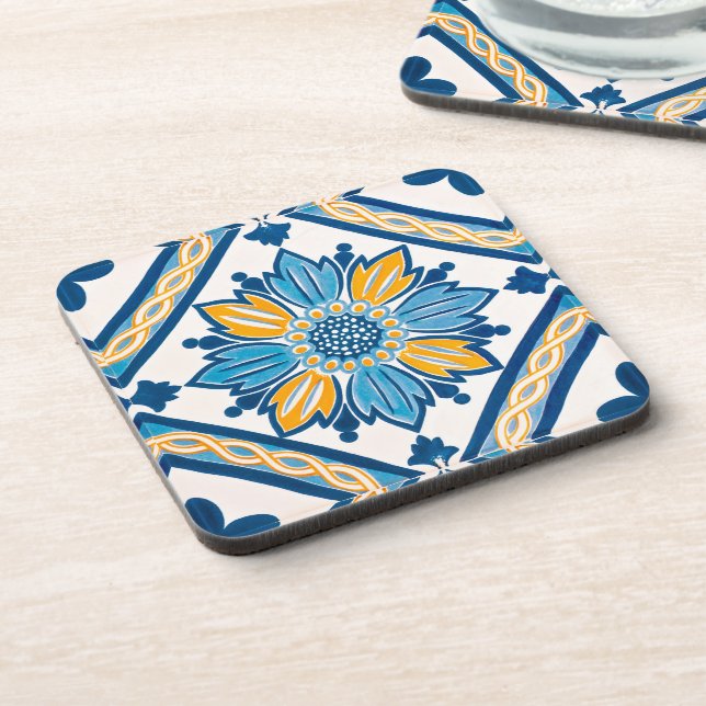 Dessous-de-verre Marine et Jaune Azulejo Méditerranée Grosgrain (Côté gauche)