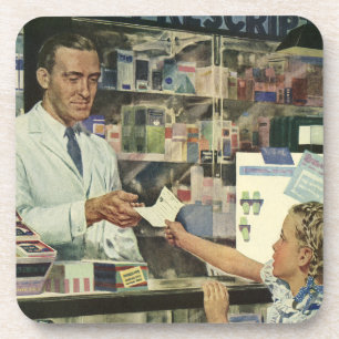 Dessous-de-verre Médecine vintage, pharmacien et fille à la pharmac