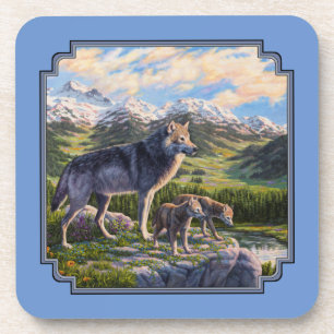 Dessous-de-verre Mère Wolf & Pups Mountain River Valley