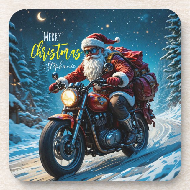 Dessous-de-verre Merry Christmas Santa Clause On Motorcycle (Devant)