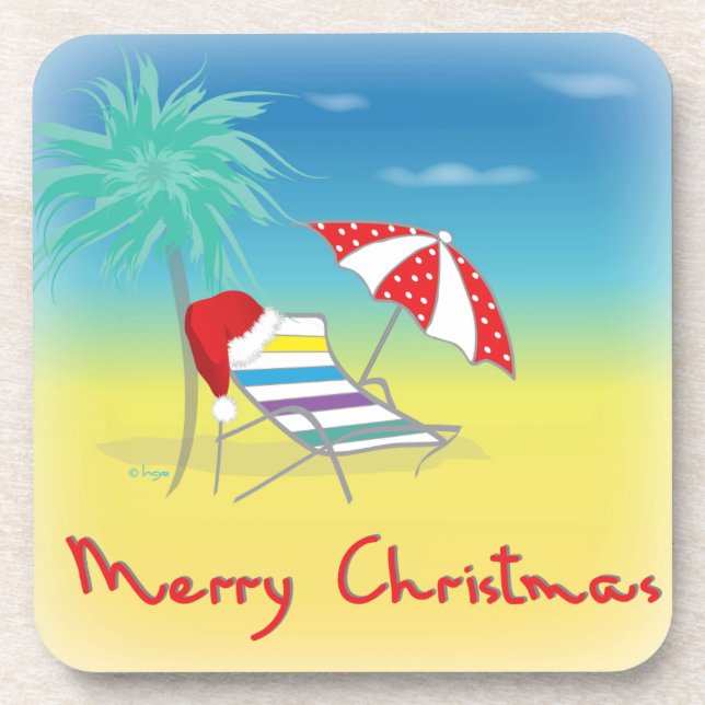 Dessous-de-verre Merry Christmas, Santa Hat, Palm Tree, Beach (Devant)