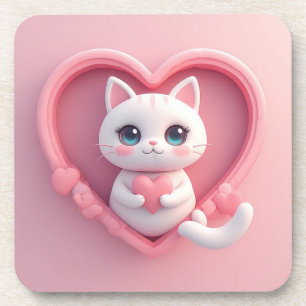 Dessous-de-verre Mignon Chat Blanc avec Design de Kawaii Kitty Love
