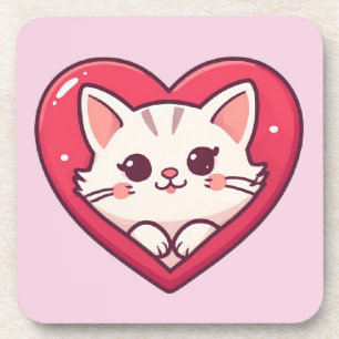 Dessous-de-verre Mignon Chat Blanc avec Design de Kawaii Kitty Love