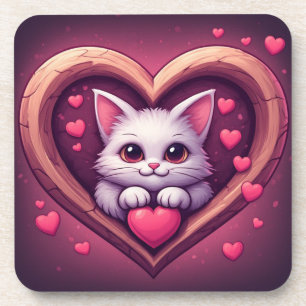 Dessous-de-verre Mignon Chat Blanc avec Design de Kawaii Kitty Love