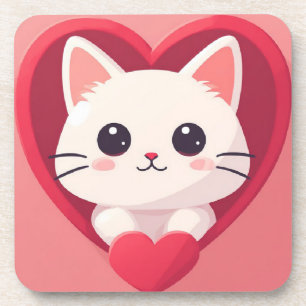 Dessous-de-verre Mignon Chat Blanc avec Design Kawaii Kitty Love