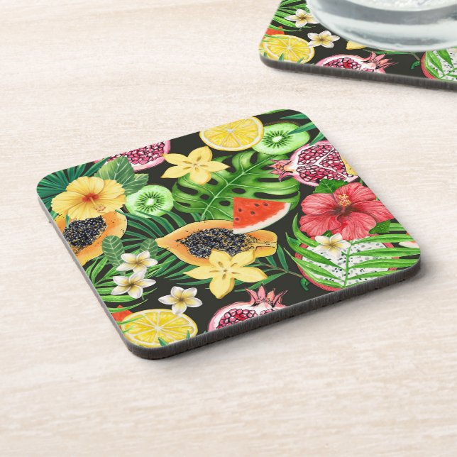 Dessous-de-verre Mix-fruits tropicaux, fleurs et feuilles en noir (Côté gauche)
