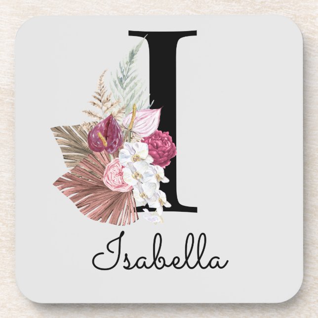 Dessous-de-verre Monogram Pink Boho Girly Floral Initial (Devant)