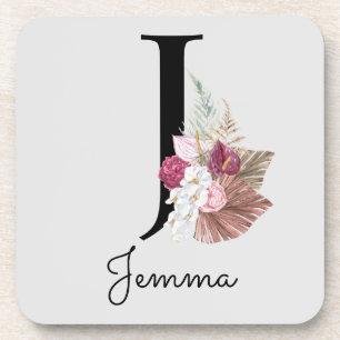 Dessous-de-verre Monogram Pink Boho Girly Floral Initial J