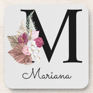 Dessous-de-verre Monogram Pink Boho Girly Floral Initial M