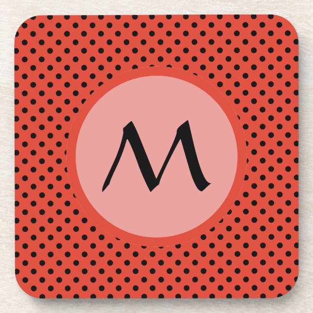 Dessous-de-verre Monogramme à points de polka orange rouge (Devant)