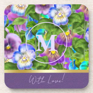 Dessous-de-verre Monogramme Anniversaire Pansy Violet Fleurs Aquare