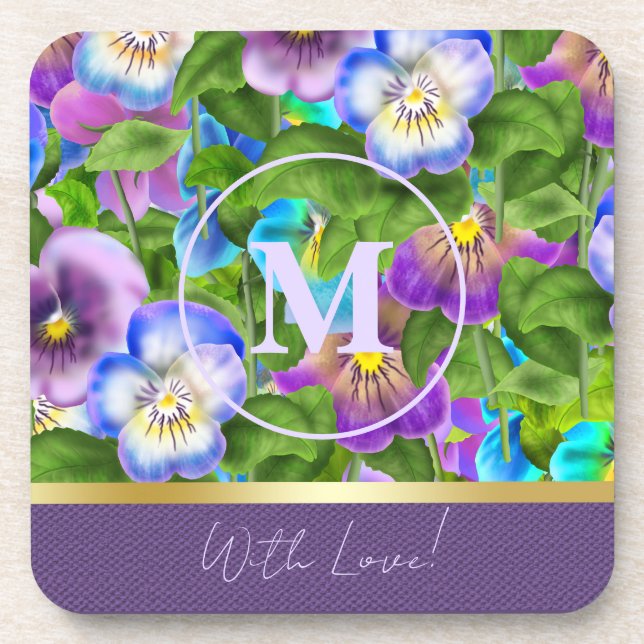Dessous-de-verre Monogramme Anniversaire Pansy Violet Fleurs Aquare (Devant)