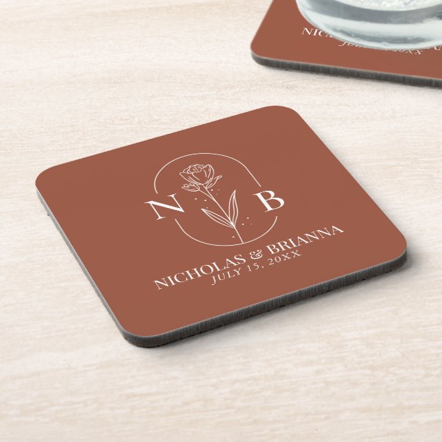Dessous-de-verre Monogramme Boho Terracotta Burnt Orange Mariage (Côté gauche)
