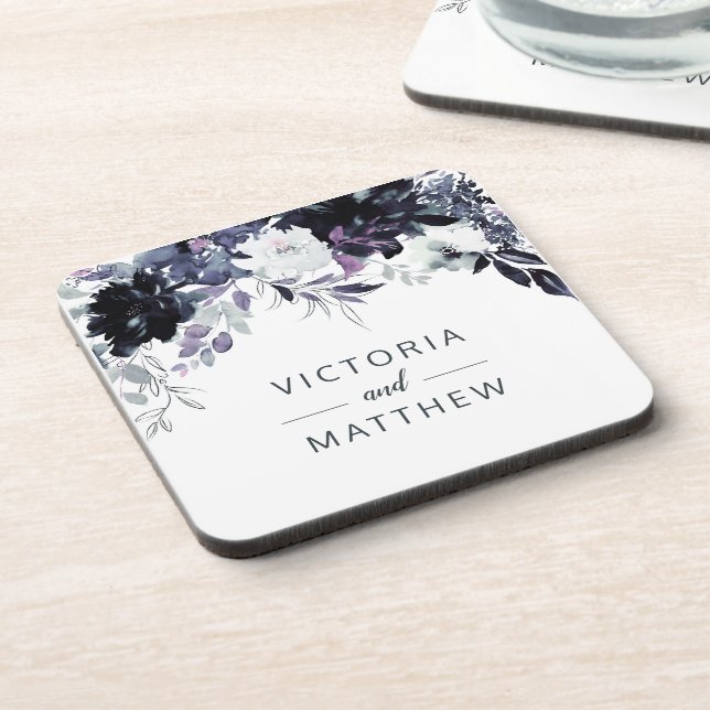 Dessous-de-verre Monogramme de Mariage bleu marine encadré de fleur (Côté gauche)