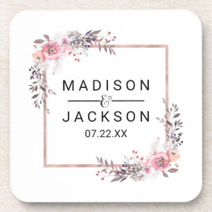 Dessous-de-verre Monogramme de Mariage floral encadré d'or blanc et