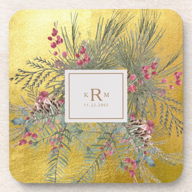 Dessous-de-verre Monogramme d'or botanique de pin de Noël (Devant)