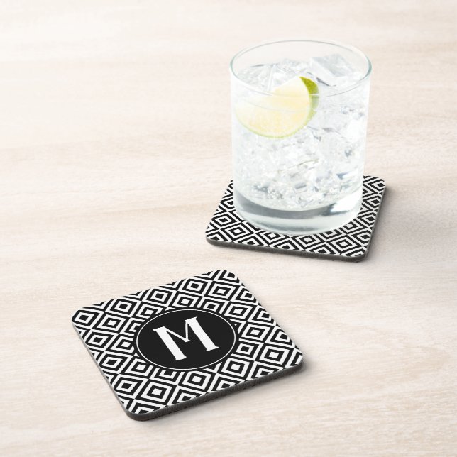 Dessous-de-verre Monogramme élégant noir et blanc avec motif géomét (Côté Droit)