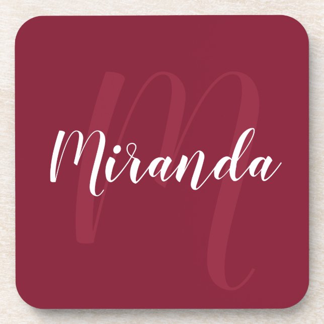 Dessous-de-verre Monogramme et nom personnalisés en rouge bordeaux (Devant)