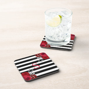 Dessous-de-verre Monogramme floral argenté rouge Blancs noirs