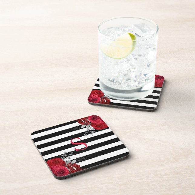 Dessous-de-verre Monogramme floral argenté rouge Blancs noirs (Côté Droit)