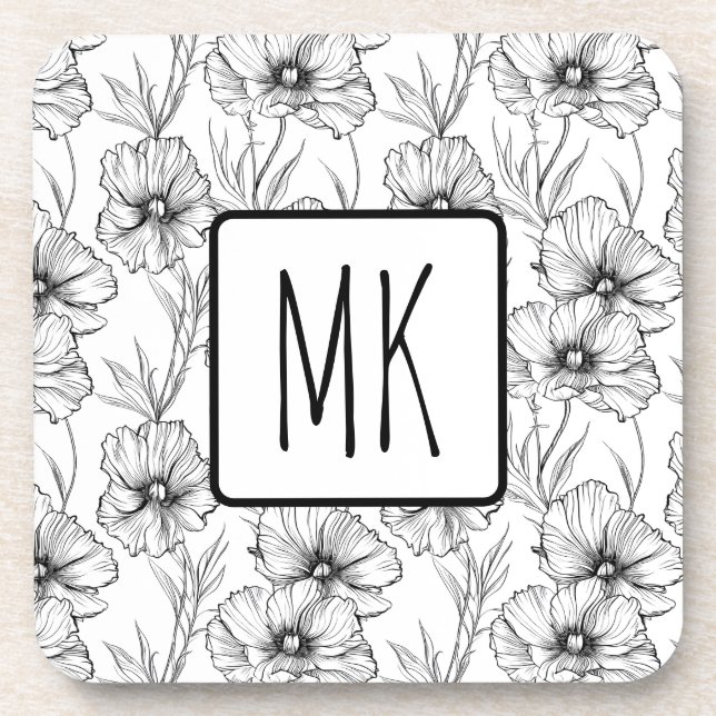 Dessous-de-verre Monogramme floral noir et blanc moderne (Devant)
