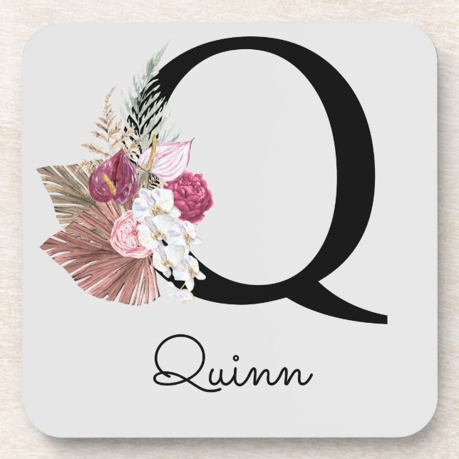Dessous-de-verre Monogramme initial Q rose Boho Floral (Devant)