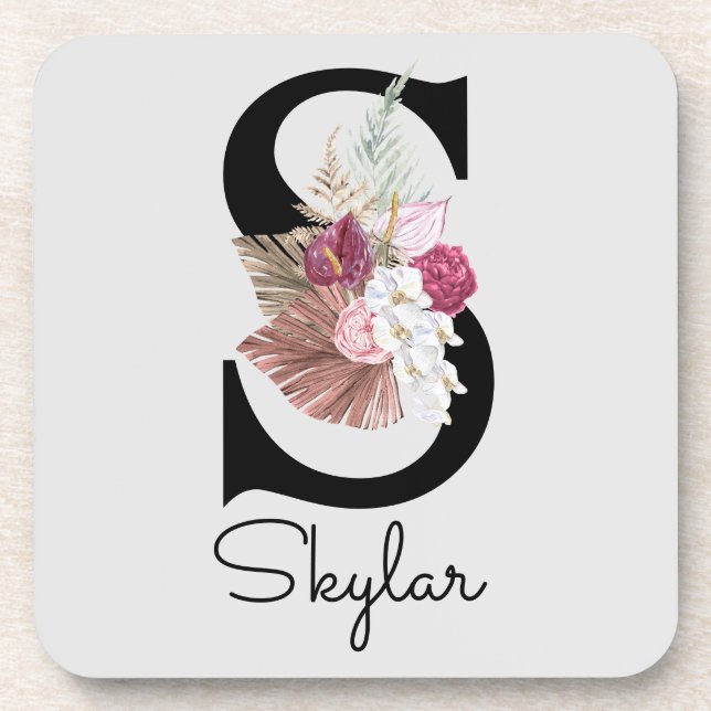 Dessous-de-verre Monogramme initial S rose Boho Floral (Devant)