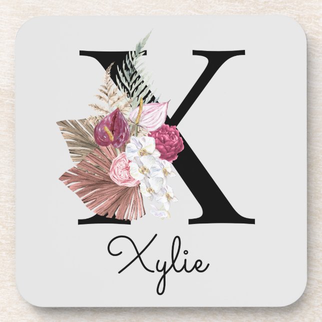 Dessous-de-verre Monogramme initial X rose Boho Floral (Devant)
