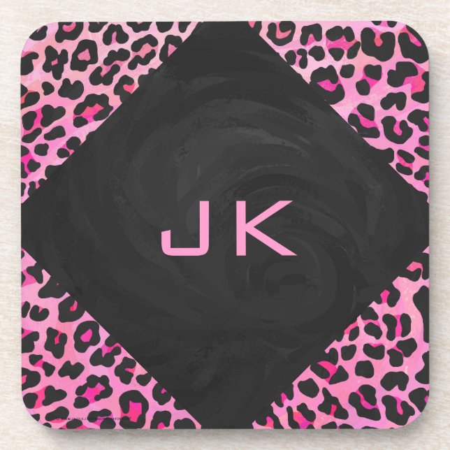 Dessous-de-verre Monogramme Leopard noir et rose chaud (Devant)
