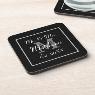 Dessous-de-verre Monogramme minimal   Mariage noir et blanc