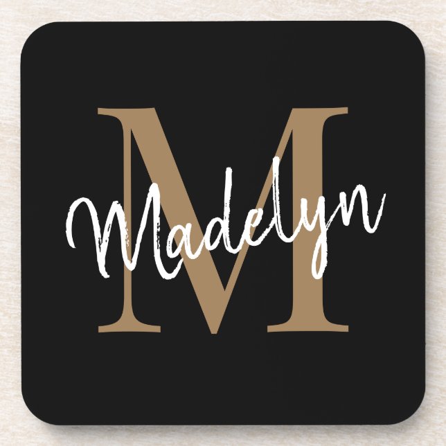 Dessous-de-verre Monogramme moderne Black Gold Feminine Nom du scri (Devant)