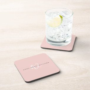 Dessous-de-verre Monogramme Moderne Rose Pâle Blanc Script