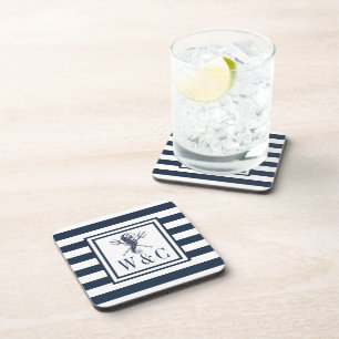 Dessous-de-verre Monogramme Nautilus Hippocampe Rayure Bleue Marine