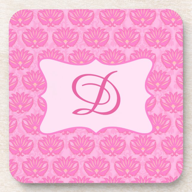 Dessous-de-verre Monogramme personnalisé rose Damas initial (Devant)