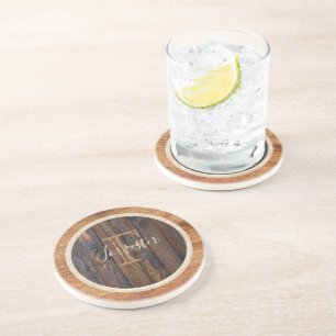 Dessous de verre Monogramme rond en bois rustique