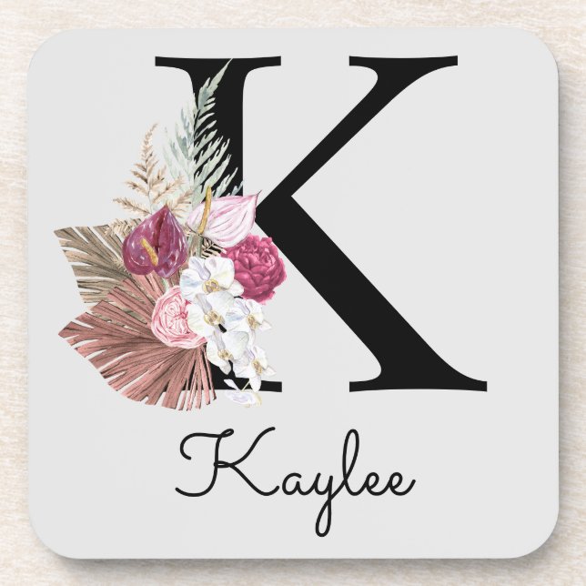 Dessous-de-verre Monogramme Rose Boho Girl Floral Initial K (Devant)
