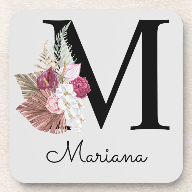 Dessous-de-verre Monogramme Rose Boho Girl Floral Initial M (Devant)
