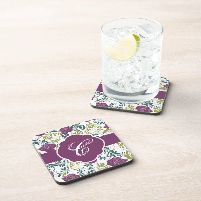 Dessous-de-verre Monogramme Rose de style rétro violet et blanc (Côté Droit)