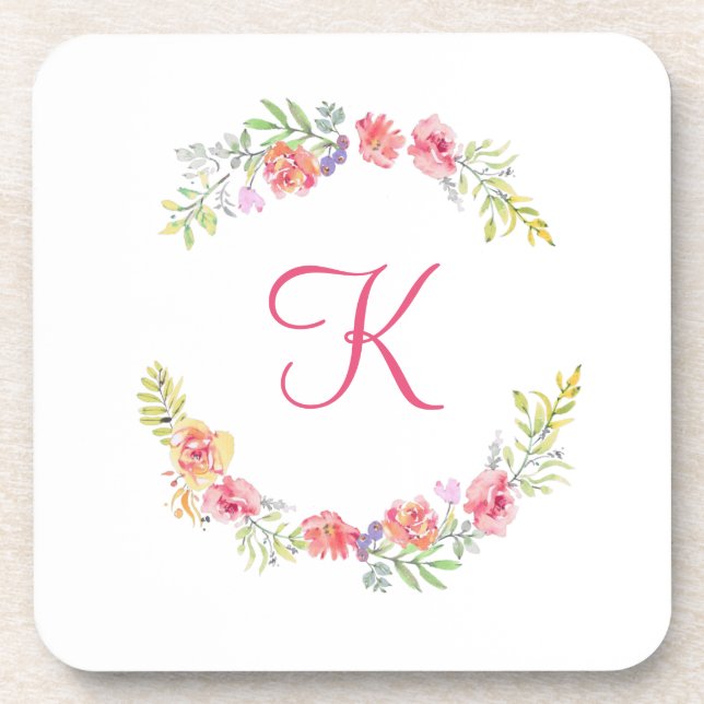Dessous-de-verre Monogramme Rose, Jaune et Vert Floral Aquarelle  (Devant)