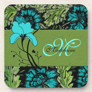 Dessous-de-verre Monogramme Vert Floral rétro et bleu turquoise